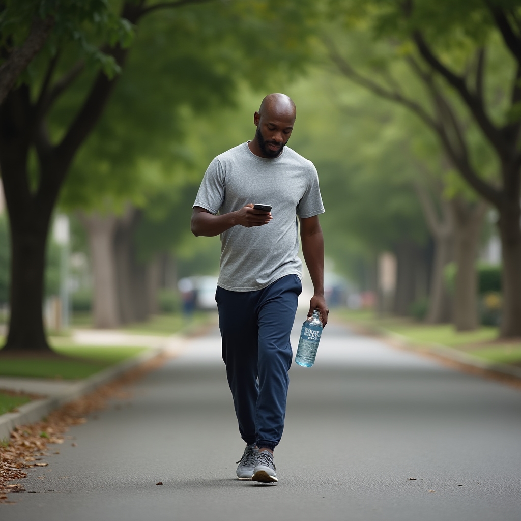 Beginner walking on a quiet neighborhood path in comfortable clothes