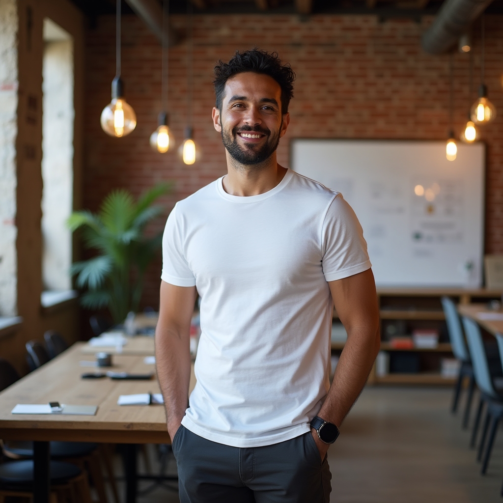 Male fitness instructor in casual athletic wear standing in a modern loft space